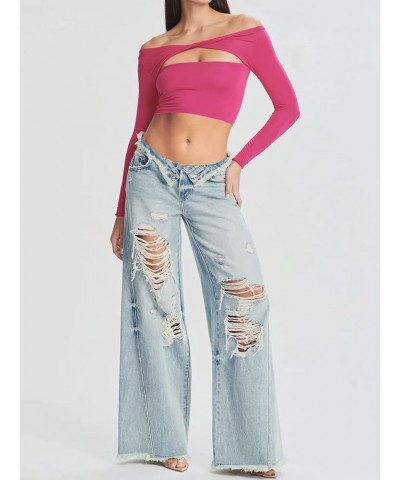 Sexy Off Shoulder Crop Tube Top for Women Long Sleeve Ruched Slim Fit Cropped Tee Backlesss One Shoulder Shirts Tube Cutout R...