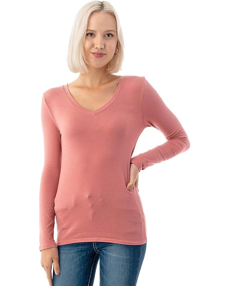 Basic V Neck Long Sleeve T-Shirts - Stretch Cotton Spandex Ashrose $10.63 T-Shirts