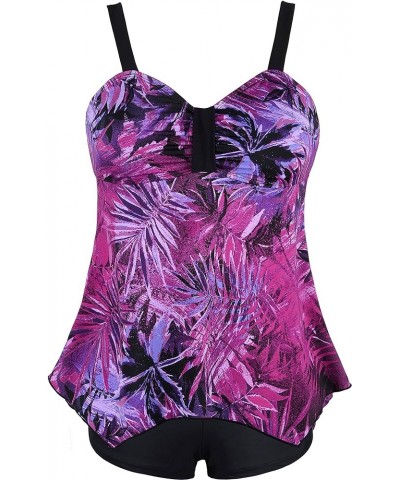 Women Plus Size Bathing Suits Paisley Print Two Piece Swimsuit Tankini Swimwear Purple&leaf $17.63 Swimsuits