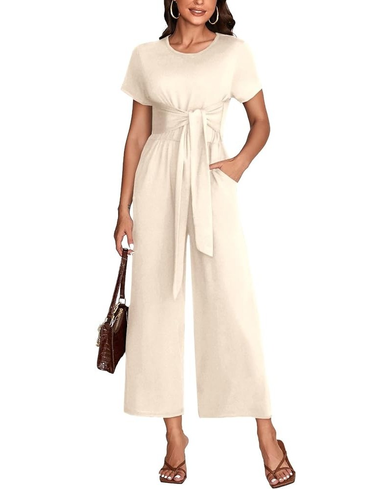 Women's Round Neck Short Sleeve Tie Waist Pants Jumpsuit Romper with Pockets Beige $20.21 Jumpsuits