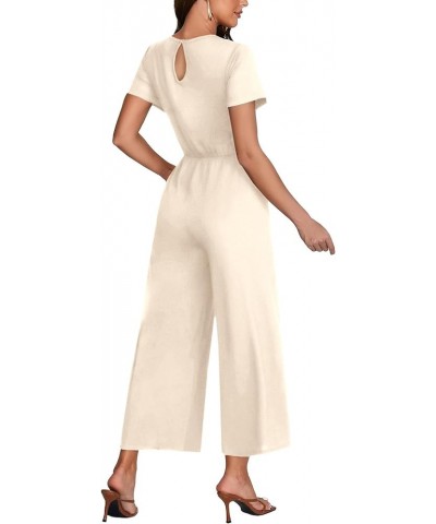 Women's Round Neck Short Sleeve Tie Waist Pants Jumpsuit Romper with Pockets Beige $20.21 Jumpsuits