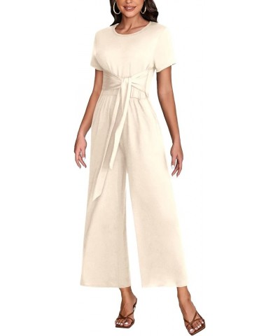 Women's Round Neck Short Sleeve Tie Waist Pants Jumpsuit Romper with Pockets Beige $20.21 Jumpsuits