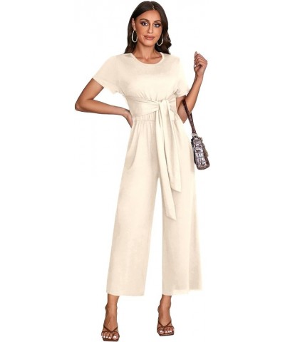 Women's Round Neck Short Sleeve Tie Waist Pants Jumpsuit Romper with Pockets Beige $20.21 Jumpsuits