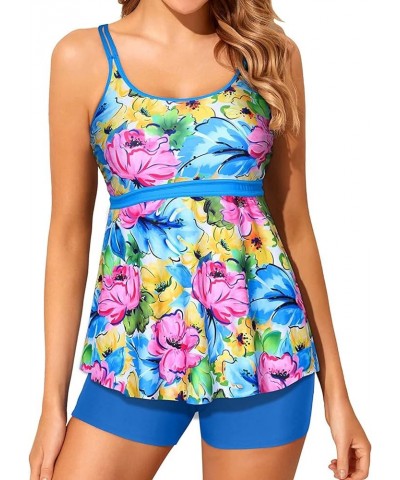 Two Piece Tankini Bathing Suits for Women Tummy Control Swimsuits with Boy Shorts Modest Swimwear Blue and Flower $21.00 Swim...