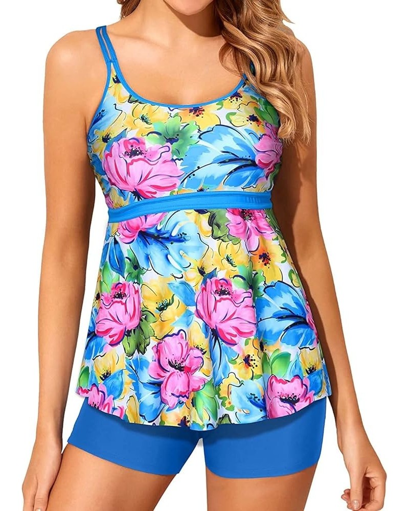 Two Piece Tankini Bathing Suits for Women Tummy Control Swimsuits with Boy Shorts Modest Swimwear Blue and Flower $21.00 Swim...