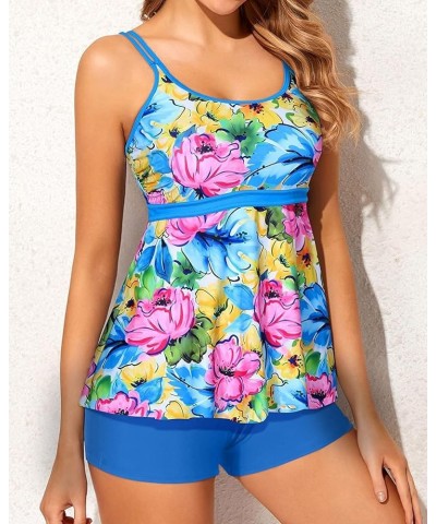 Two Piece Tankini Bathing Suits for Women Tummy Control Swimsuits with Boy Shorts Modest Swimwear Blue and Flower $21.00 Swim...