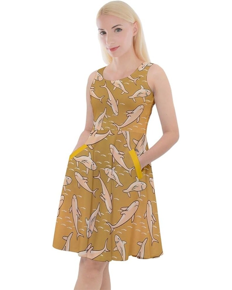 Womens Summer Dress Sea Animals Whales Sharks Dolphin Fish Knee Length Skater Dress with Pockets, XS-5XL Yellow $13.44 Others