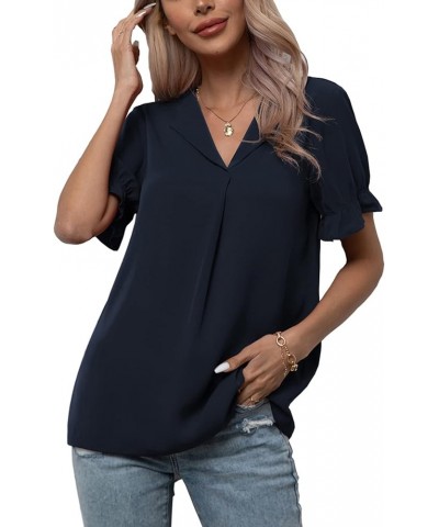 Women's Chiffon Casual V Neck Short Sleeve Tunics Tops Blouses Summer Office Work Shirts Navy Blue $14.39 Tops