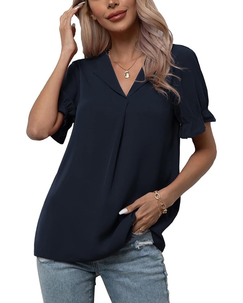 Women's Chiffon Casual V Neck Short Sleeve Tunics Tops Blouses Summer Office Work Shirts Navy Blue $14.39 Tops