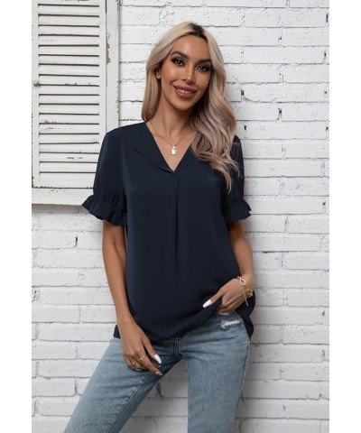 Women's Chiffon Casual V Neck Short Sleeve Tunics Tops Blouses Summer Office Work Shirts Navy Blue $14.39 Tops