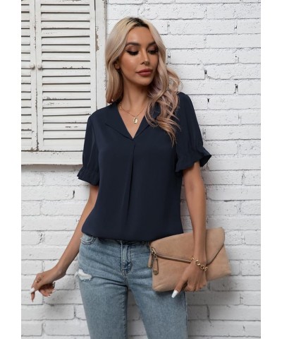 Women's Chiffon Casual V Neck Short Sleeve Tunics Tops Blouses Summer Office Work Shirts Navy Blue $14.39 Tops