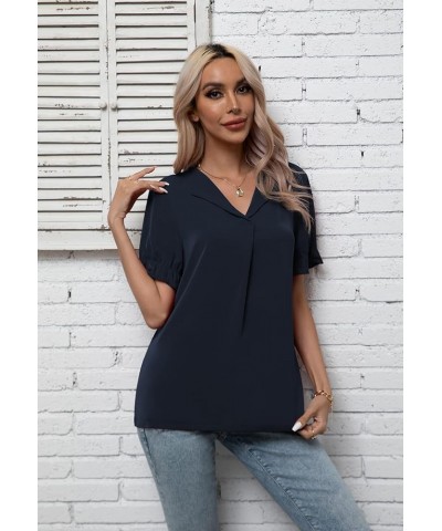 Women's Chiffon Casual V Neck Short Sleeve Tunics Tops Blouses Summer Office Work Shirts Navy Blue $14.39 Tops