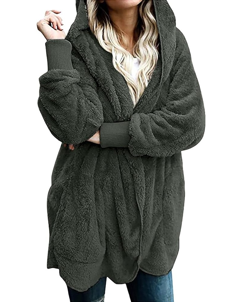 Womens Long Sleeve Winter Open Front Fleece Cardigans Fuzzy Hooded Sweater Chunky Fashion Outwear with Pockets 01 Army Green ...