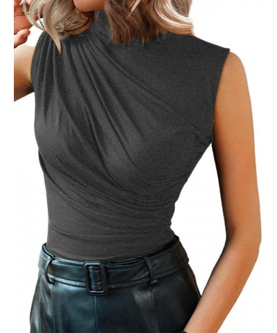 Women's Sleeveless Mock Neck Top Casual Fitted Ruched Tank Tops Grey $10.07 Tanks