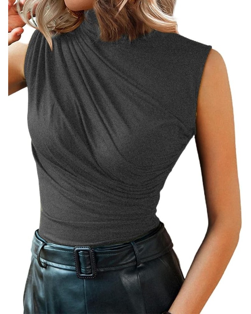 Women's Sleeveless Mock Neck Top Casual Fitted Ruched Tank Tops Grey $10.07 Tanks