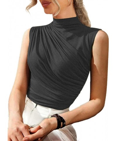 Women's Sleeveless Mock Neck Top Casual Fitted Ruched Tank Tops Grey $10.07 Tanks