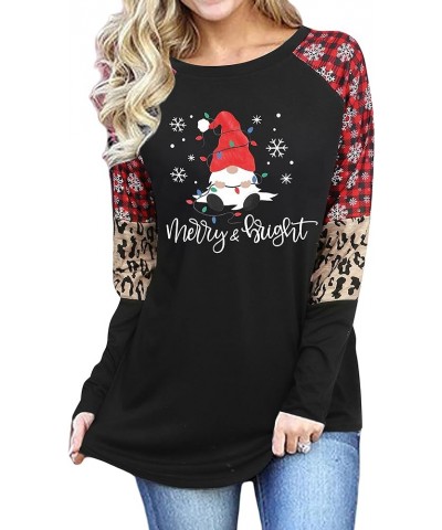 Merry Christmas Shirts for Women Gnomes T-Shirt Lights Plaid Splicing Raglan Long Sleeve Tee Xmas Holiday Pullover Top Black-...