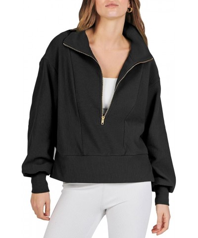 Women Half Zip Cropped Sweatshirt Casual Fleece Quarter Zip Up Rib Knit Pullover 2023 Fall Clothes Black $12.47 Hoodies & Swe...