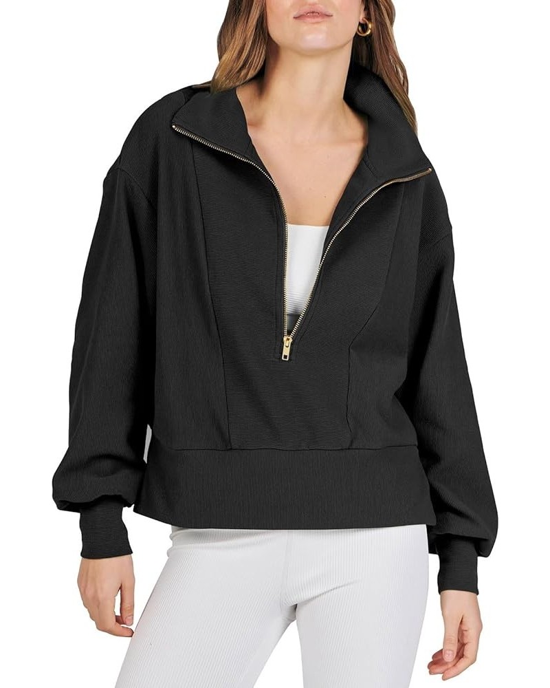 Women Half Zip Cropped Sweatshirt Casual Fleece Quarter Zip Up Rib Knit Pullover 2023 Fall Clothes Black $12.47 Hoodies & Swe...