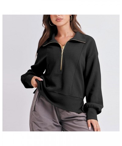 Women Half Zip Cropped Sweatshirt Casual Fleece Quarter Zip Up Rib Knit Pullover 2023 Fall Clothes Black $12.47 Hoodies & Swe...