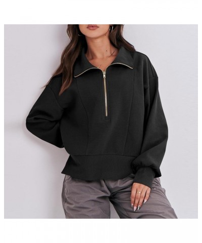 Women Half Zip Cropped Sweatshirt Casual Fleece Quarter Zip Up Rib Knit Pullover 2023 Fall Clothes Black $12.47 Hoodies & Swe...