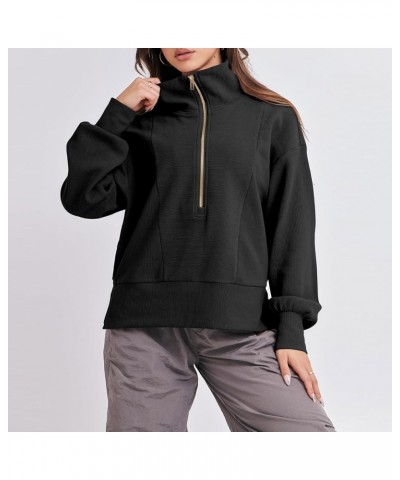 Women Half Zip Cropped Sweatshirt Casual Fleece Quarter Zip Up Rib Knit Pullover 2023 Fall Clothes Black $12.47 Hoodies & Swe...