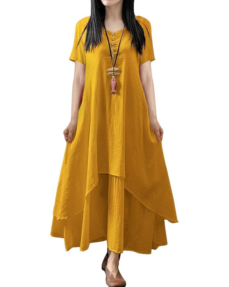 Women's 2023 Summer Casual Dresses Short Sleeve V Neck Buttoned Decorated Maxi Curved High-Low Hem Shirt Dresses M02 Yellow $...