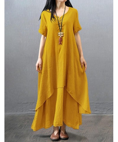 Women's 2023 Summer Casual Dresses Short Sleeve V Neck Buttoned Decorated Maxi Curved High-Low Hem Shirt Dresses M02 Yellow $...