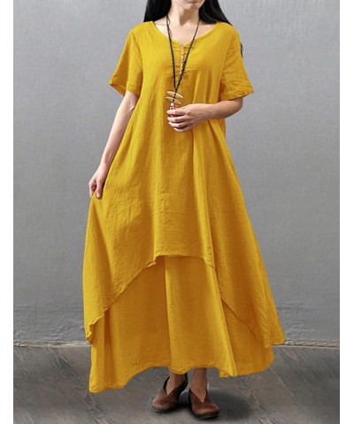 Women's 2023 Summer Casual Dresses Short Sleeve V Neck Buttoned Decorated Maxi Curved High-Low Hem Shirt Dresses M02 Yellow $...