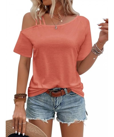 Women's Tops Short Sleeve Cold Shoulder T Shirt Sexy Summer Tee Solid Loose Casual Blouse Orange Coral $13.24 Blouses