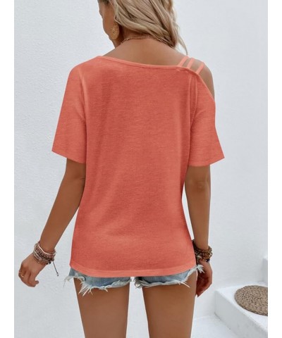 Women's Tops Short Sleeve Cold Shoulder T Shirt Sexy Summer Tee Solid Loose Casual Blouse Orange Coral $13.24 Blouses