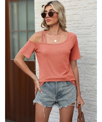 Women's Tops Short Sleeve Cold Shoulder T Shirt Sexy Summer Tee Solid Loose Casual Blouse Orange Coral $13.24 Blouses