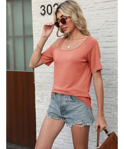 Women's Tops Short Sleeve Cold Shoulder T Shirt Sexy Summer Tee Solid Loose Casual Blouse Orange Coral $13.24 Blouses