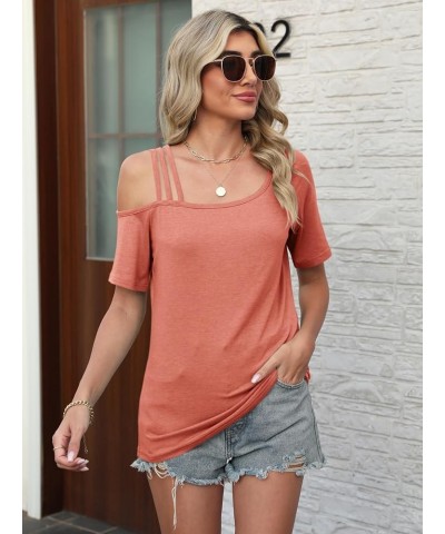 Women's Tops Short Sleeve Cold Shoulder T Shirt Sexy Summer Tee Solid Loose Casual Blouse Orange Coral $13.24 Blouses