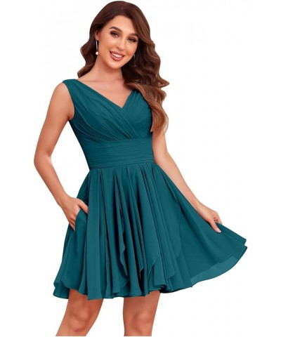 Women's V Neck Short Bridesmaid Dresses for Wedding Ruffles Pleated Chiffon Junior Formal Dress for Women with Pockets Peacoc...