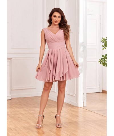 Women's V Neck Short Bridesmaid Dresses for Wedding Ruffles Pleated Chiffon Junior Formal Dress for Women with Pockets Peacoc...