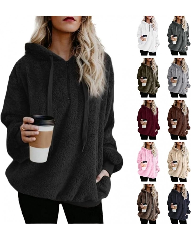 Womens Fuzzy Fleece Hoodies 2023 Fashion Warm Oversized Quarter Zip Hooded Sweatshirt Sherpa Outerwear with Pockets Black $8....