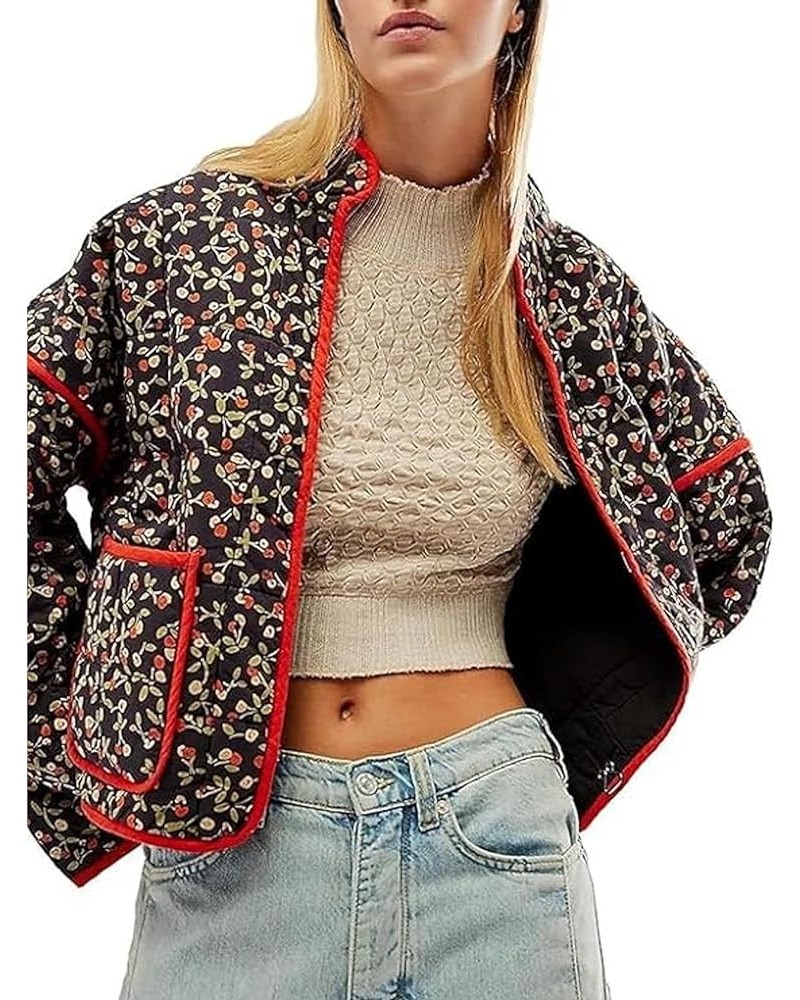 Womens Cropped Puffer Jacket Lightweight Floral Print Open Front Short Outerwear Coats Quilted Padded Jackets Red-black $20.1...