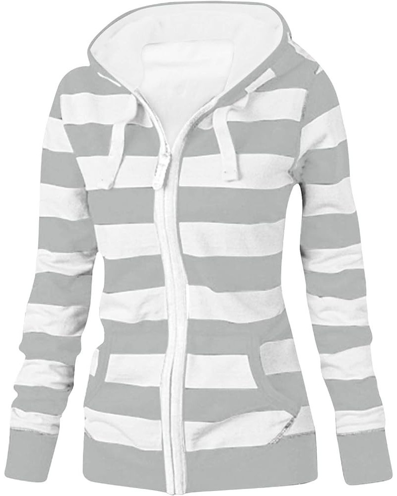 Hooded Sweatshirt Women Fashion Striped Print Sweatshirts Casual Long Sleeve Jacket Coat Zip Up Hoodies With Pockets 02gray $...