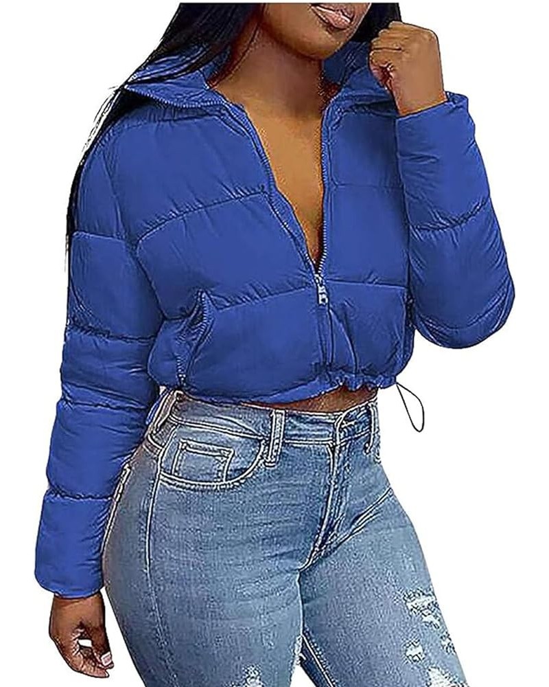 Women's Cropped Puffer Jackets Stand Collar Zip Up Coats Lightweight Open Front Warm Outwear with Pockets Blue $13.16 Jackets