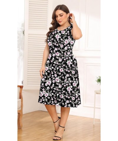 Womens Plus Size Dress 2024 Summer Round Neck Sleeveless Casual Empire Waist Loose Fit Swing Tank Dress with Pockets Black Pi...