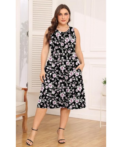 Womens Plus Size Dress 2024 Summer Round Neck Sleeveless Casual Empire Waist Loose Fit Swing Tank Dress with Pockets Black Pi...