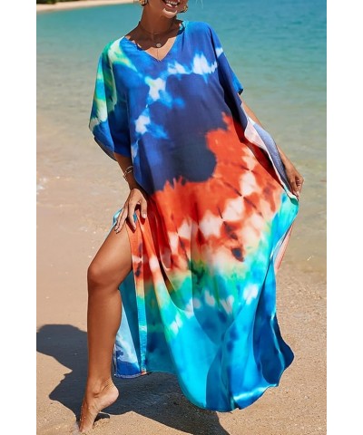 Women's Summer Long Beach Dress Kimono Maxi Kaftan Cover ups A Blue Orange Sky Blue $16.79 Swimsuits