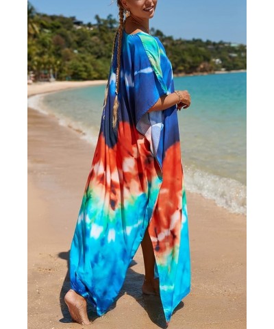 Women's Summer Long Beach Dress Kimono Maxi Kaftan Cover ups A Blue Orange Sky Blue $16.79 Swimsuits