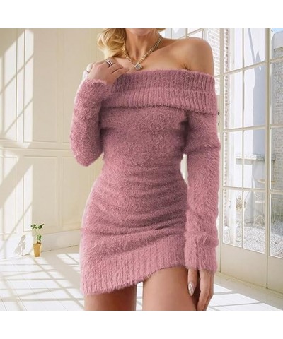 Women's Off Shoulder Sweater Mini Dress Fuzzy Knit Long Sleeve Chunky Pullover Bodycon Party Club Dresses Pink $14.00 Sweaters