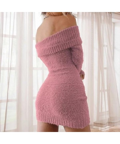 Women's Off Shoulder Sweater Mini Dress Fuzzy Knit Long Sleeve Chunky Pullover Bodycon Party Club Dresses Pink $14.00 Sweaters