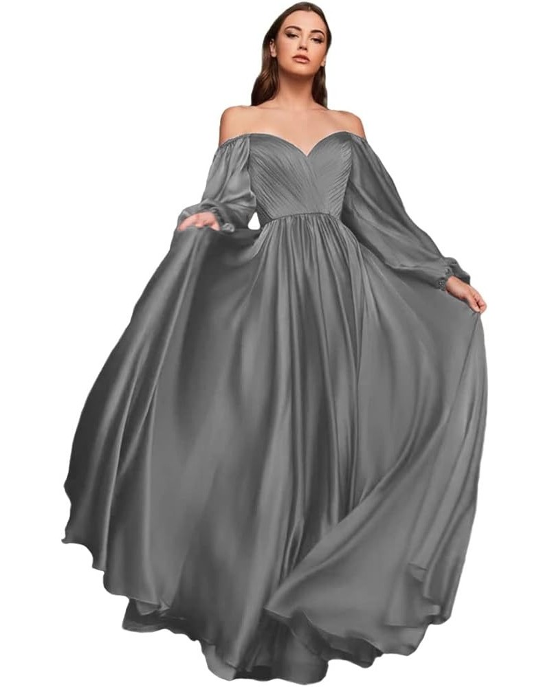 Long Sleeve Brdiesmaid Dresses for Wedding Off Shoulder Evening Gowns for Women Pleated Chiffon Prom Dresses CXL056 Gray $26....