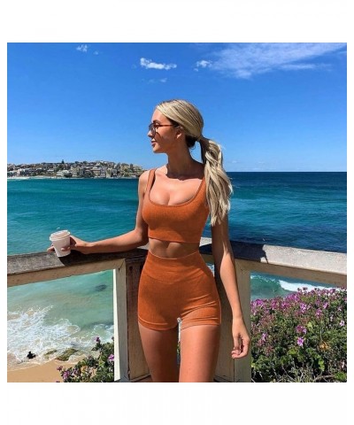 Summer Workout Sets for Women 2 Piece Seamless Ribbed Crop Tank High Waist Shorts Casual Yoga Outfits Light Orange $16.26 Act...