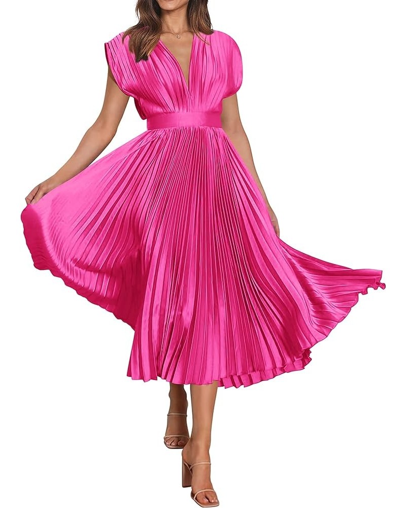 Elegant Satin V Neck Pleated Midi Dress Short Sleeve Formal High Waisted Flowy Long Summer Dresses for Women 2023 Rose Red $2...