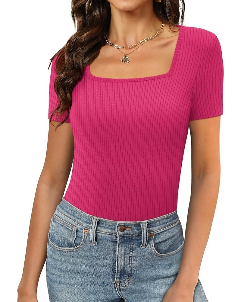 Womens Short Sleeve Square Neck Tops 2024 Spring Summer Slim Fit Tees Shirts A Short Sleeve Ribbed Pink $8.99 T-Shirts